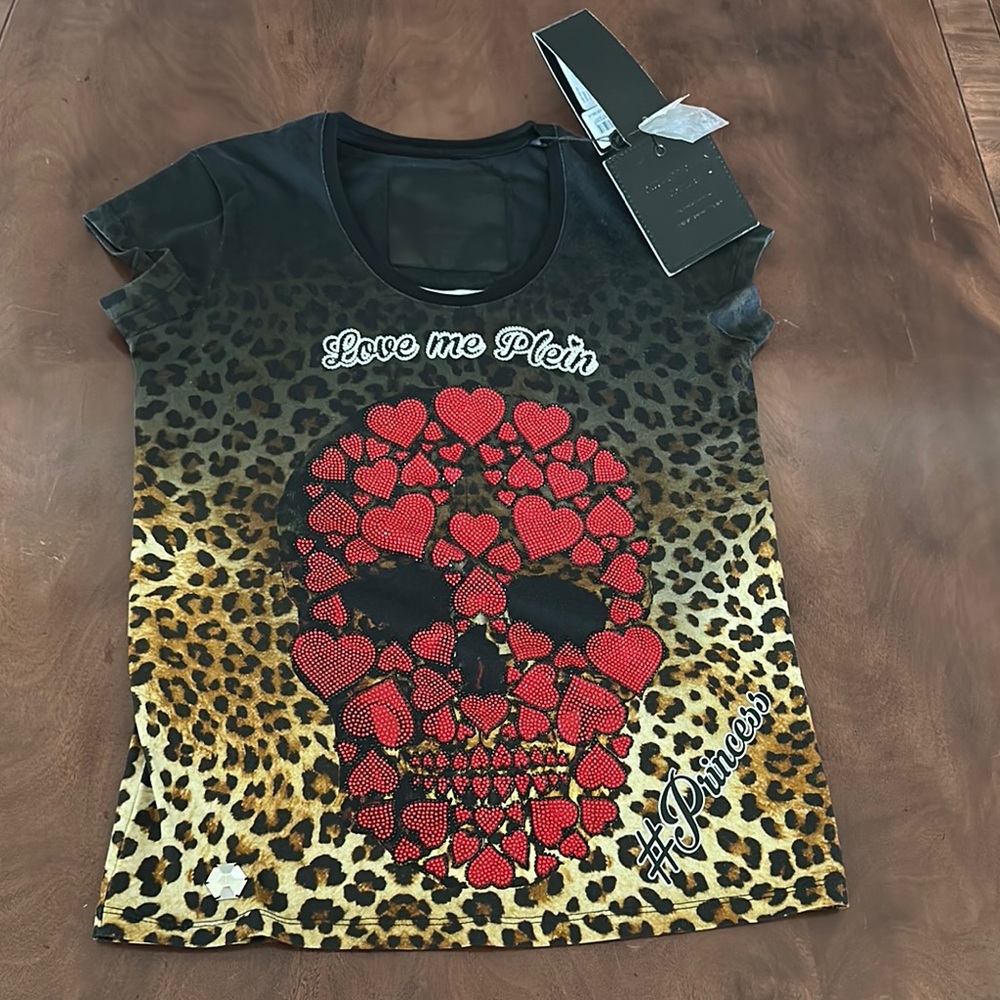 Philipp Plein Black and Red Leopard Skull T-Shirt
